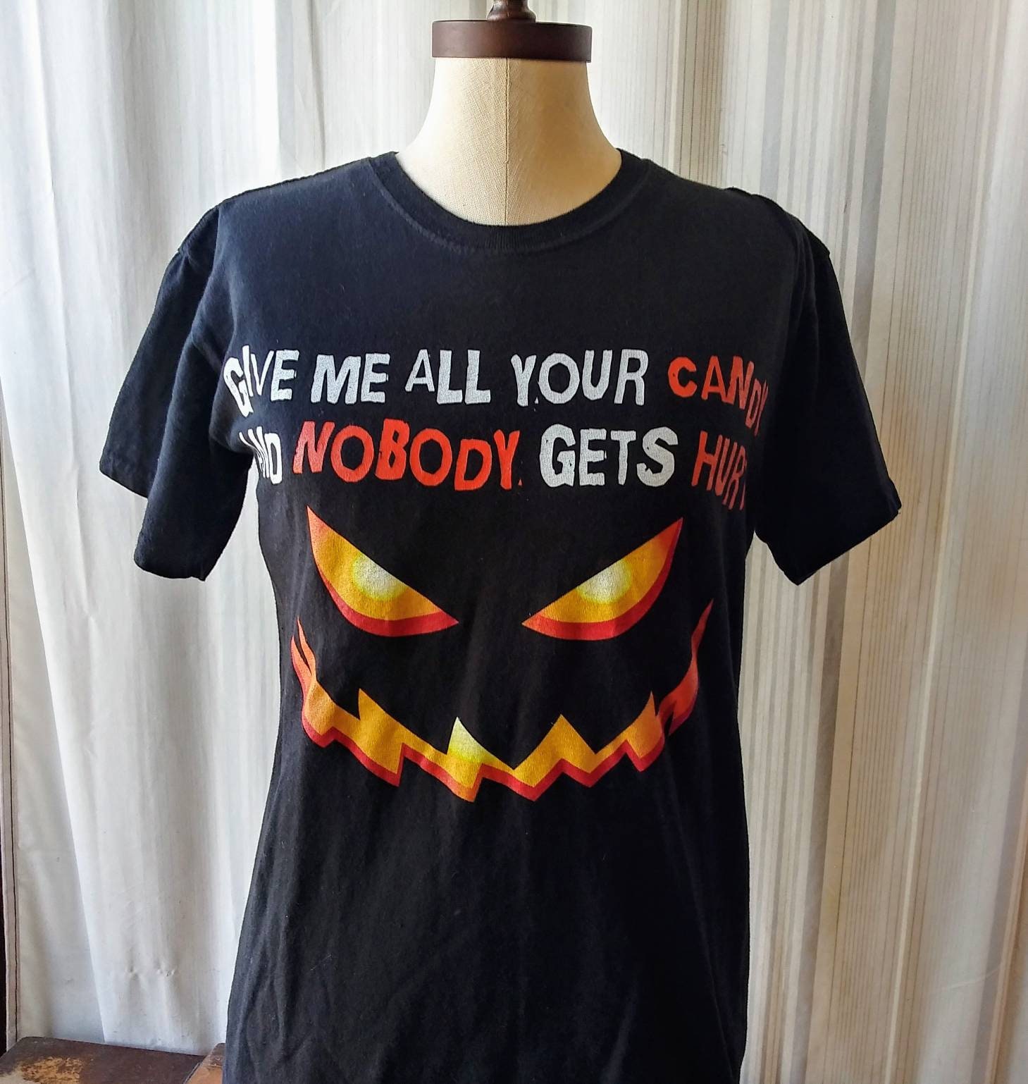 Discover Vintage Halloween T Shirt Evil Pumpkin Give Me All Your Candy Size Small Cotton 90's Fashion T Shirt Candy Corn Grin