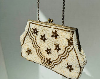 Vintage Beaded Wristlet Purse 1940s Charlet Gold beads White Beads Small Cocktail Party Handbag