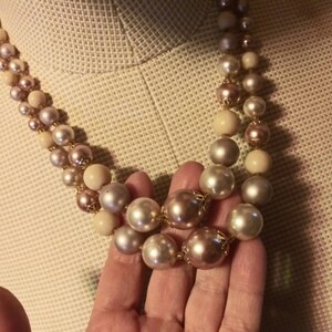 Vintage Beaded Necklace Champagne & Blush Double Strand Beads Japan 50&#39;s Mid Century Fashion Jewelry