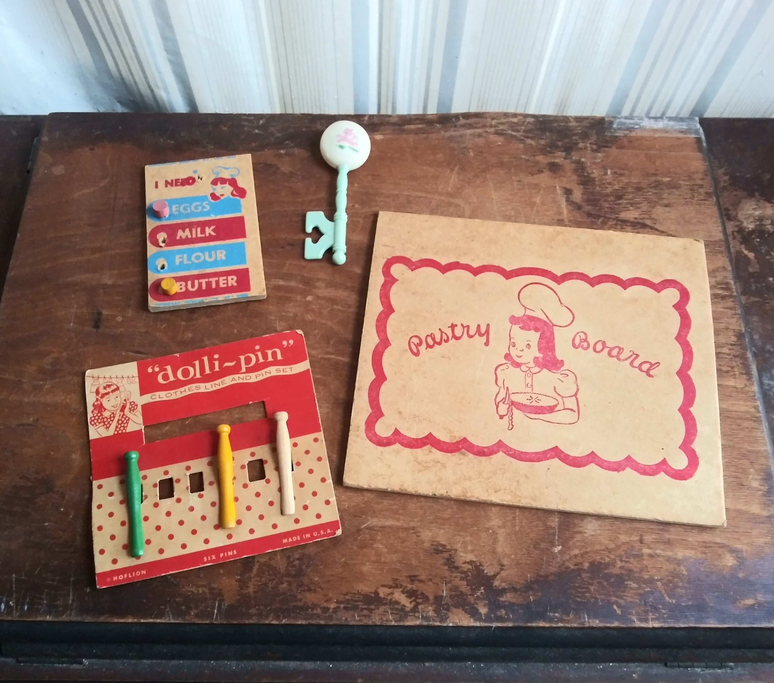Vintage Kids Toys Choose From Laundry Clothespins - Baby Rattle - Shopping List - Pastry Board 40's 50's Mid Century Kids Toys Little Baker