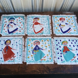 Vintage Aase Og Preben Jangaard Cocktail Napkins Set Girls in Garden Picking Flowers Coasters 60&#39;s Mid Century Danish Modern Denmark Decor