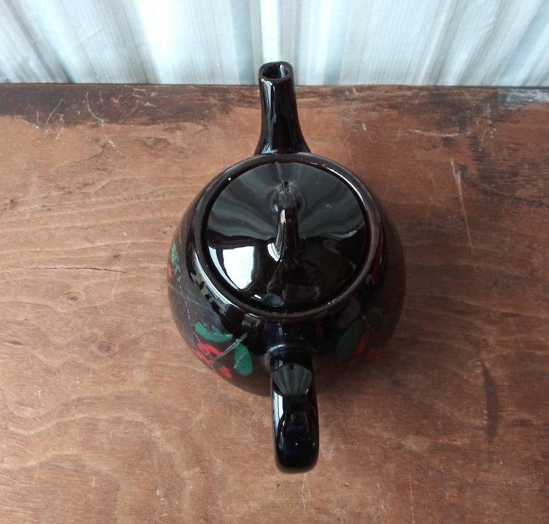 Vintage Brown Betty Teapot, Royal Canadian Art Pottery, Red Floral Design image 3