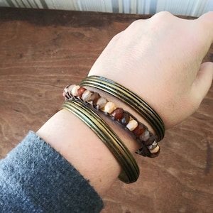 Trio of Vintage Bracelets 2 Brass Bangles & 1 Natural Color Beaded Bangle 90&#39;s Does 70&#39;s Fashion Jewelry Set