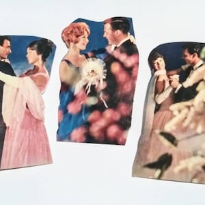 Vintage cartón recorta o piezas de juego lote de 3 mediados del siglo parejas de la moda fecha fiesta fiesta de la fiesta Ephemera