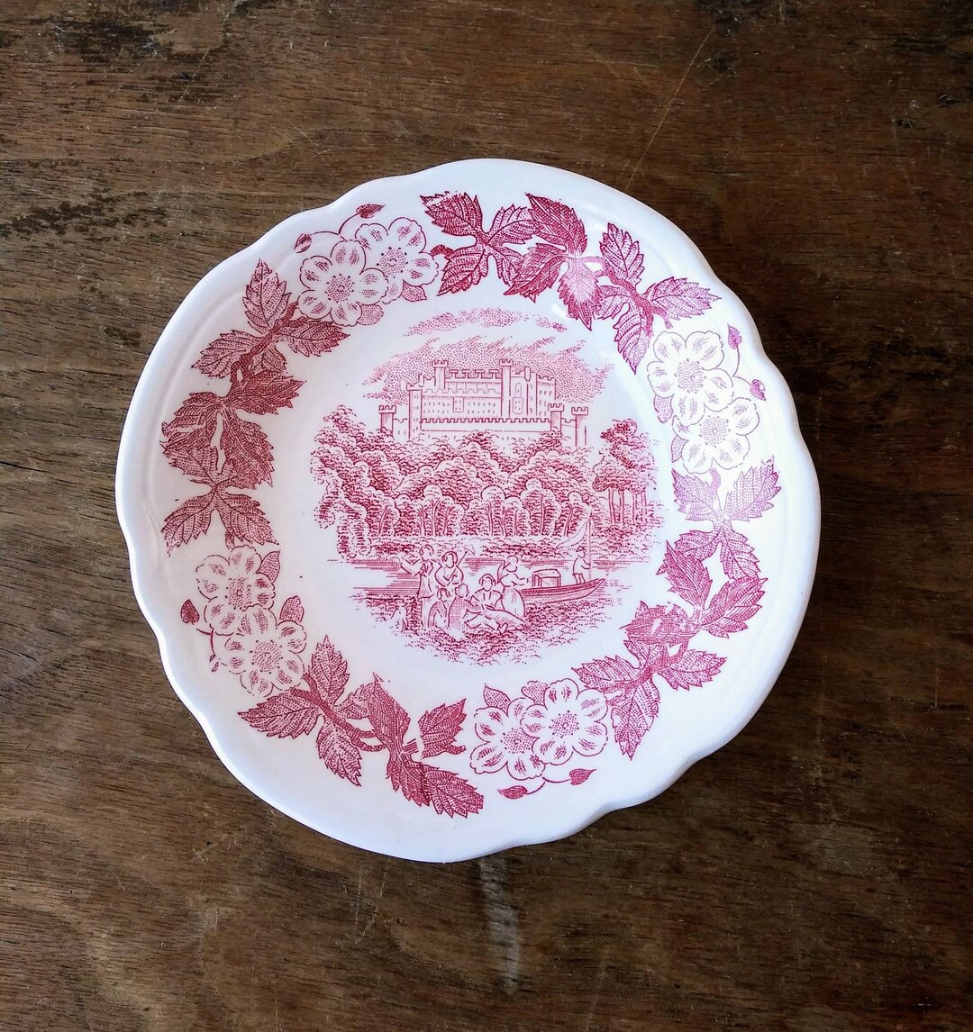 Vintage Red Transferware Bowl, English Castle Scene & Magnolia Flowers ...
