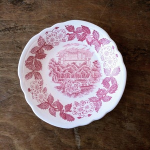 Vintage Red Transferware Small Bowl English Castle Magnolia Flowers 30&#39;s 40&#39;s Fancy Dining Room Serving Dish