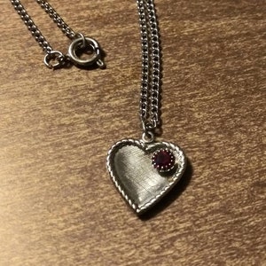 Vintage Heart Necklace Silver Charm & Chain w Red Rhinestone 60&#39;s 70&#39;s Fashion Jewelry Love Gift