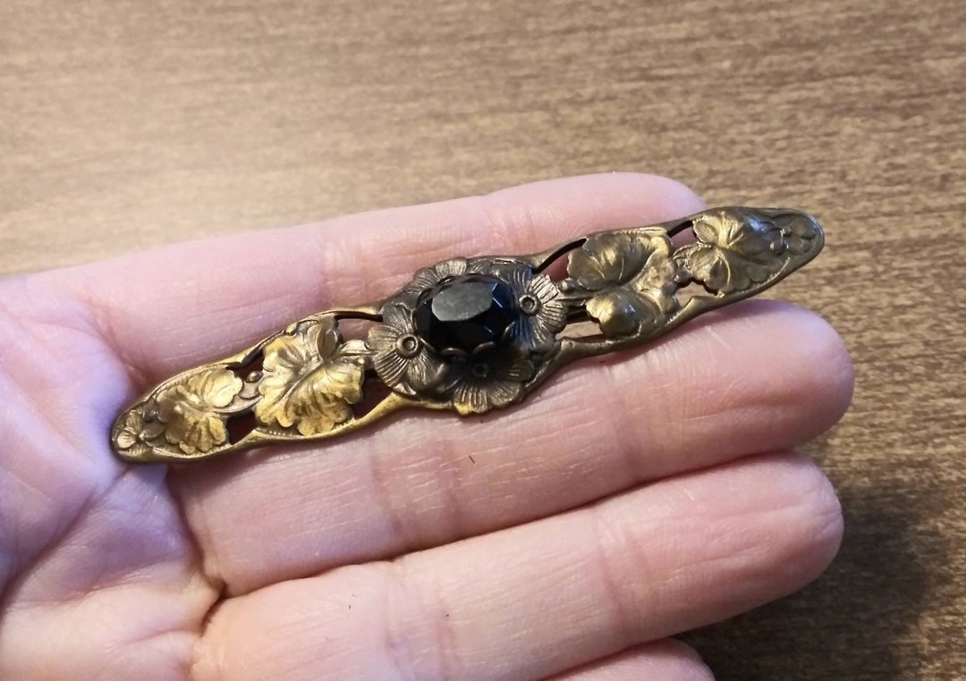 Antique Brooch Vintage Bar Pin Brass Stamped Flowers Black Etsy