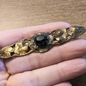 Antique Brooch Vintage Bar Pin Brass Stamped Flowers Black Glass Oval Rhinestone Late 1800&#39;s Early 1900&#39;s Edwardian or Victorian Mourning