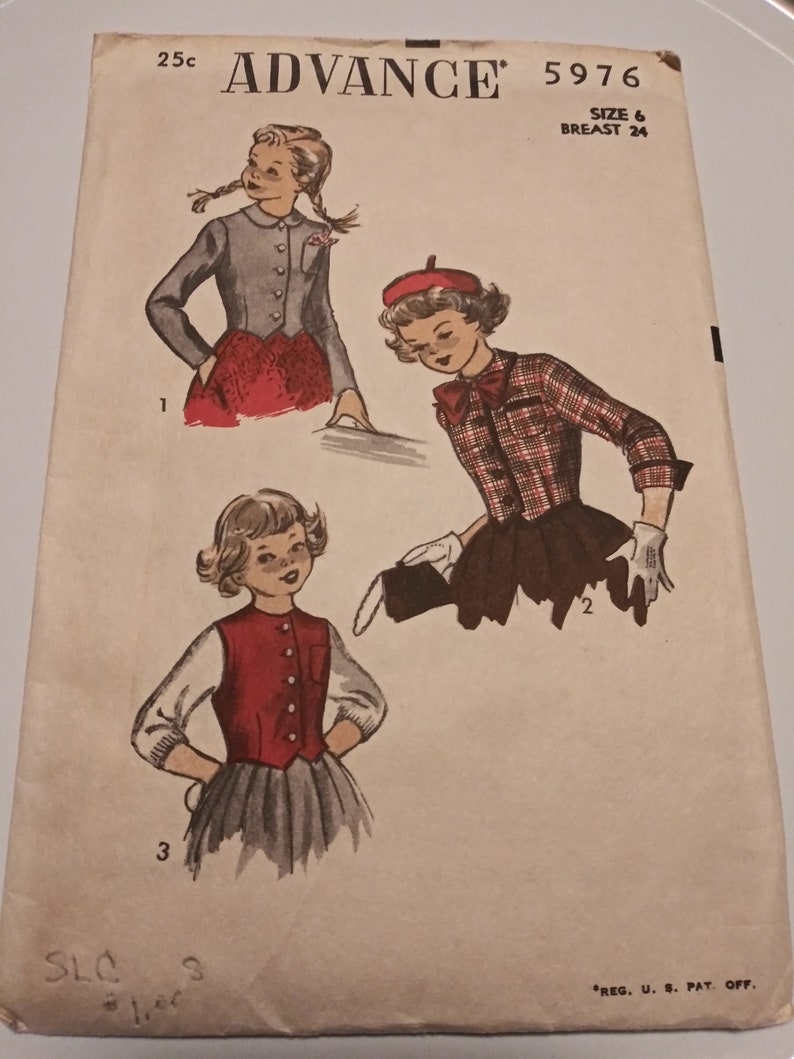 Three Quarter Jacket w Trim /& Weskit Waistcoat Vest 50/'s Fashion Vintage Sewing Pattern Advance 5976 Girl/'s Jacket