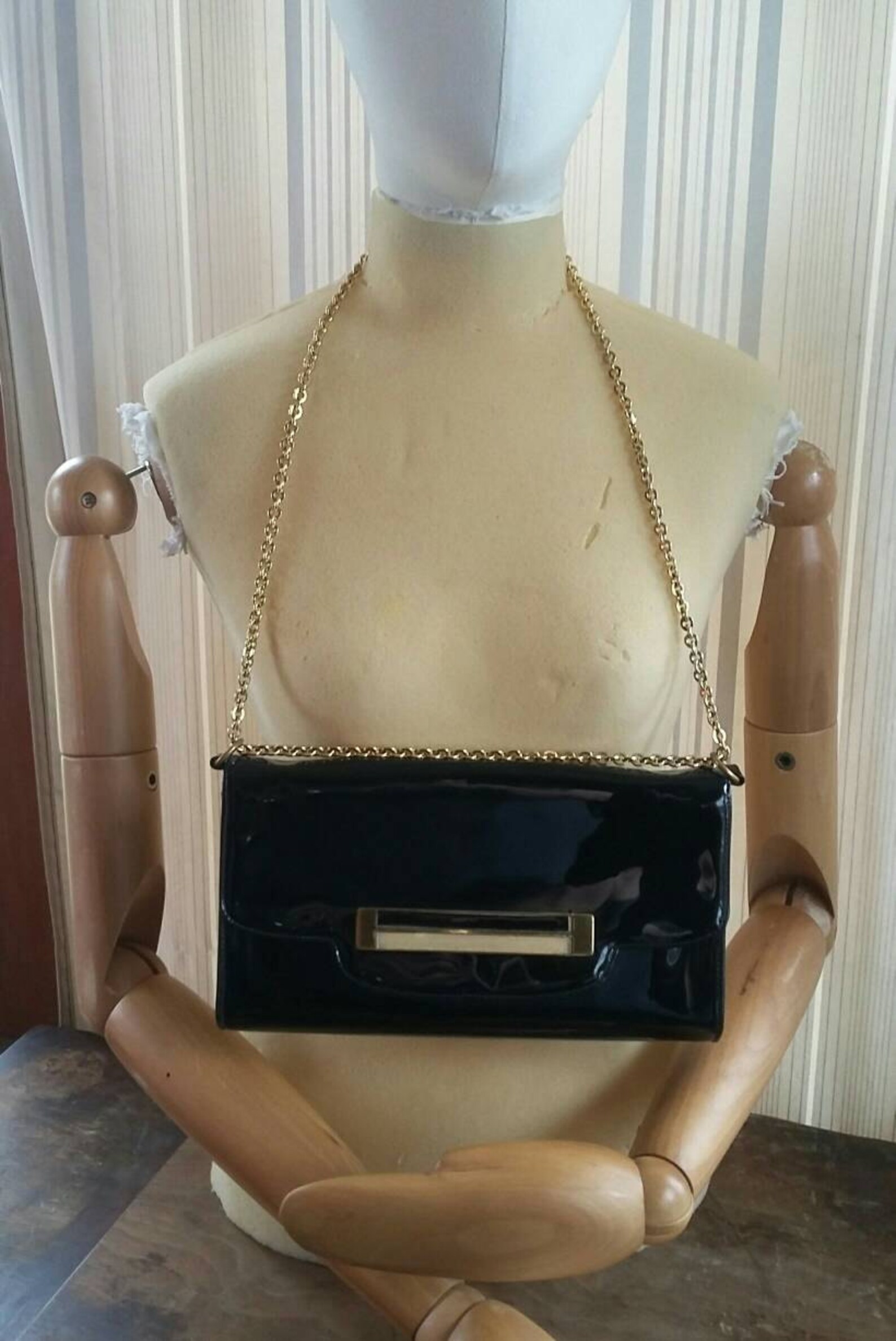 Vintage Purse Black Patent Leather Vinyl Shiny W Gold Link Etsy
