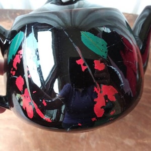 Vintage Brown Betty Teapot, Royal Canadian Art Pottery, Red Floral Design image 4