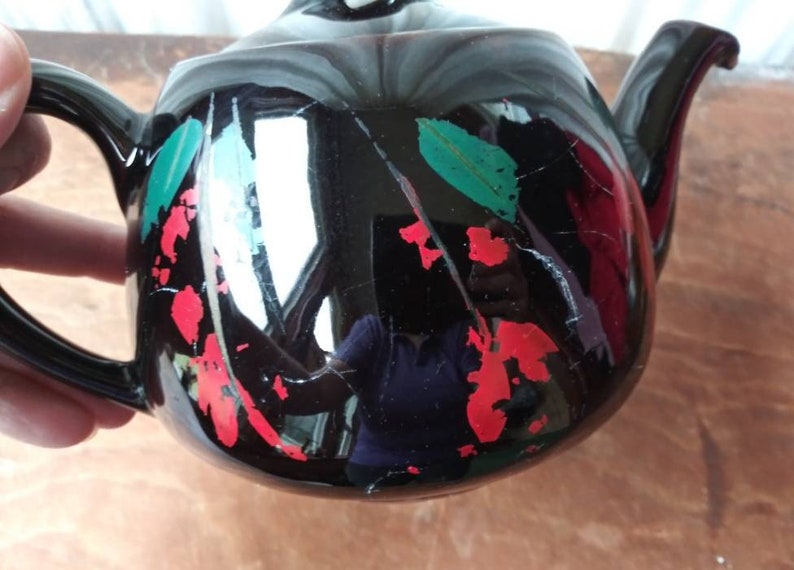 Vintage Brown Betty Teapot, Royal Canadian Art Pottery, Red Floral Design image 4