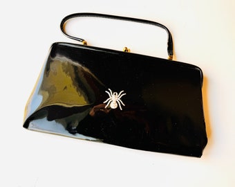 Vintage negro charol araña bolso gótico bolso upcycled brujo Rhinestone araña acento bolso de noche