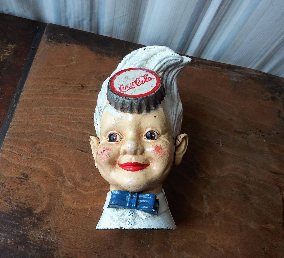 Vintage Cast Iron Coca Cola Bank Sprite Boy Coke Pixie 50's