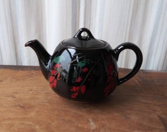Vintage Brown Betty Teapot, Royal Canadian Art Pottery, Red Floral Design