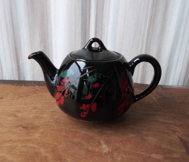 Vintage Brown Betty Teapot, Royal Canadian Art Pottery, Red Floral Design image 1