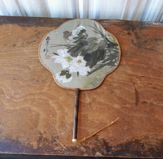 Vintage Hand Fan Hand Painted Silk Japanese Fixed