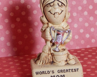 Vintage Paula Kitschy Humor Figurine Statue Trophy 1970 W.135 World's Greatest Mom Tacky Gift Collect Them All!