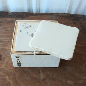 Vintage Powder Bright Night Dusting Powder Box w Puff White & Metallic Gold Atomic Starburst Design 50&#39;s Mid Century Bath Cosmetics Beauty
