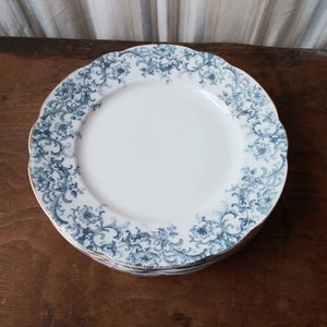 Antike John Maddock & Sons England Royal Vitreous Blau geblümter Speiseteller Meredith Rd Nr. 252992 mit Krone Transferkeramik Ende 1800