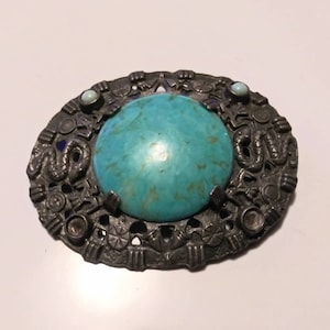 Large Vintage Brooch Aztec Snakes & Phoenix w Turquoise Stone Cabochon Center 50s 60s Mid Century Fashion Jewelry