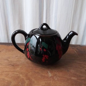 Vintage Brown Betty Teapot, Royal Canadian Art Pottery, Red Floral Design image 2