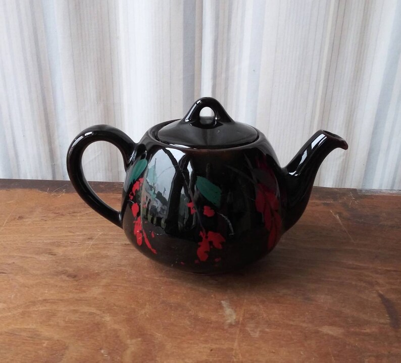 Vintage Brown Betty Teapot, Royal Canadian Art Pottery, Red Floral Design image 2