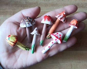 ONE Random Vintage Handmade Magic Mushroom Fairy Garden Plant Stakes Hand Painted Pottery House of Mud & Color Swansea NH 60's Hippie Craft