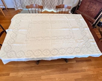 Vintage Linen Tablecloth: Beige Cotton, Gray Piping, 63" x 49"