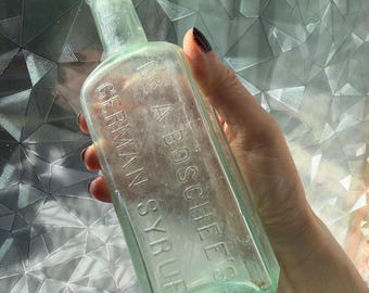 Antique Glass 1800s Medicine Bottle Dr. A. Boschee's German Syrup L.M. Green Embossed