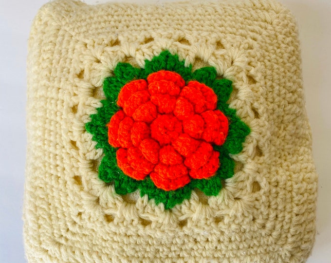 Vintage Crochet Pillow Throw Pillow Small Square Rosette in Center Hand