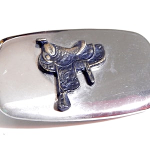 Vintage Belt Buckle Horse Saddle Nickel Silver w Brass Saddle 70&#39;s Fashion Accessory Made in USA Horseback Riding or Rodeo