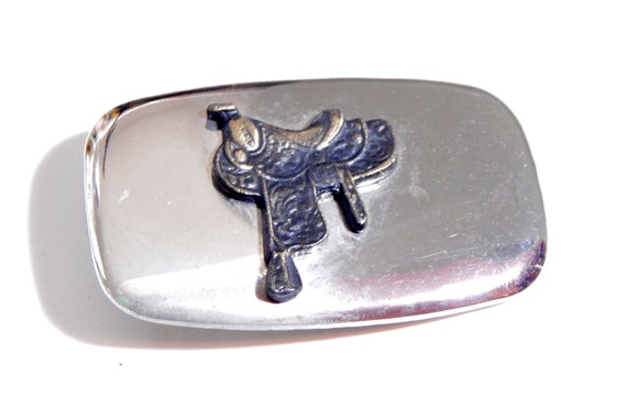 Vintage Belt Buckle Horse Saddle Nickel Silver w … - image 1