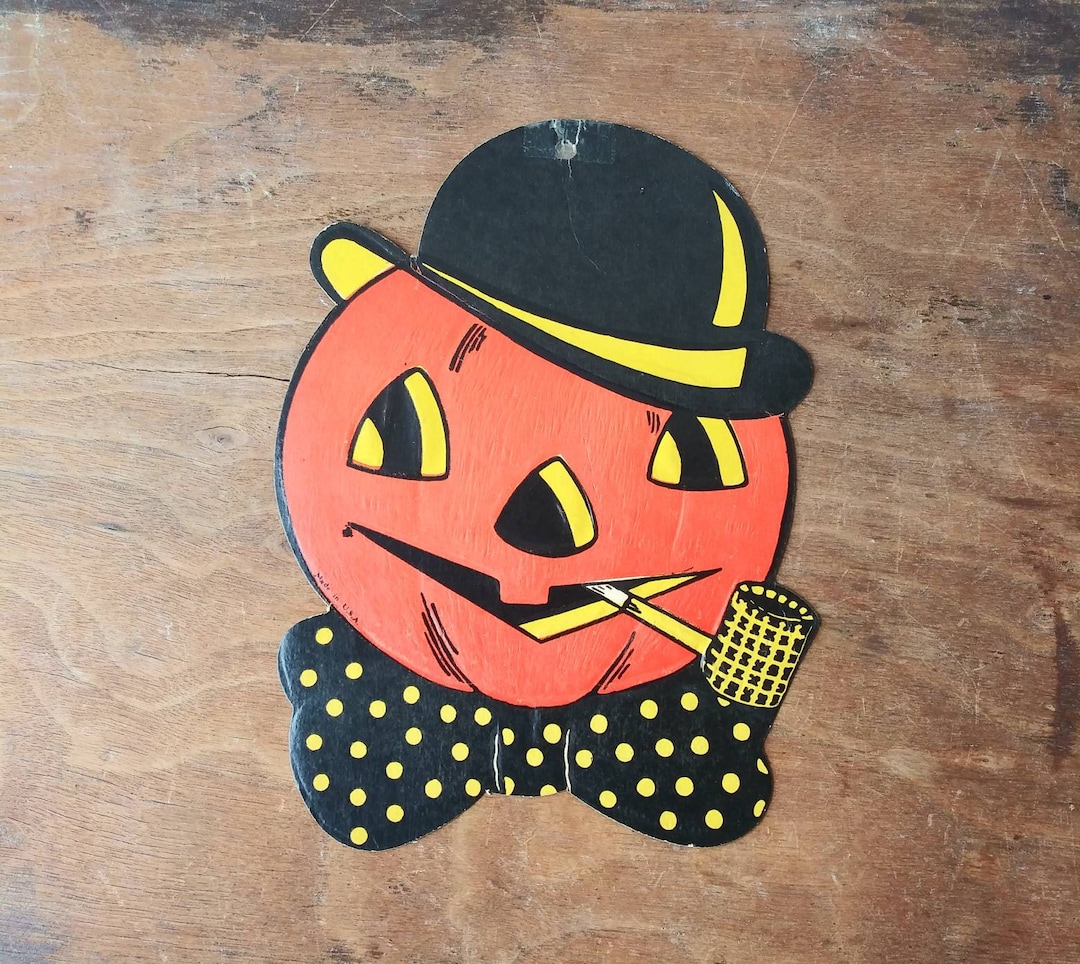 Vintage Halloween Jack O' Lantern Die Cut, Bowler Hat Decor, USA Made ...