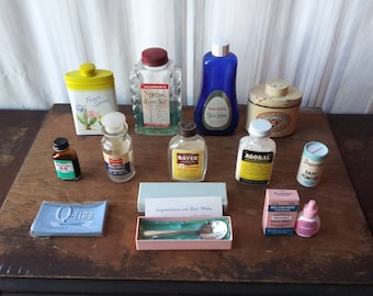 PICK FROM Vintage Medicine Cabinet Bottles & Boxes Great Props Baby Powder QTips Lotion Vitamins Baby Spoon 50&#39;s 60&#39;s Mid Century Bathroom