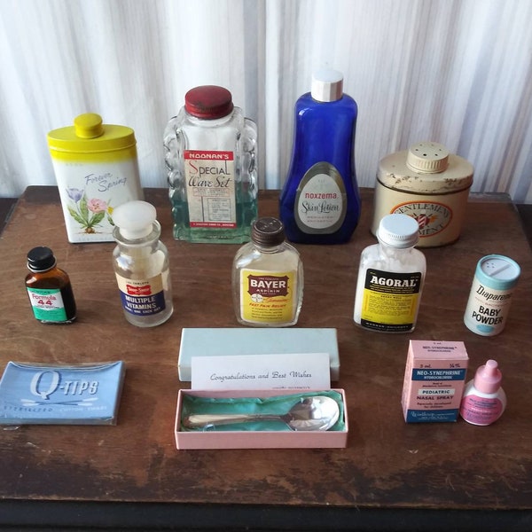 PICK FROM Vintage Medicine Cabinet Bottles & Boxes Great Props Baby Powder QTips Lotion Vitamins Baby Spoon 50's 60's Mid Century Bathroom