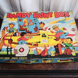 Vintage Dandy Paint Box Milton Bradley Colorful Airplane & Elves Illustration Wood Palette Wood Paint Cups Artwork Made in USA 30&#39;s Artist
