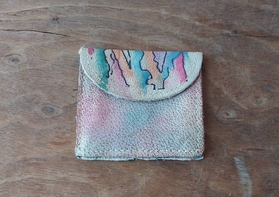 Vintage Coin Purse Rainbow Leather Watercolor Cha… - image 1
