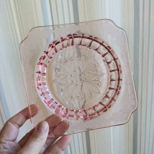 Antique Pink Depression Glass pink Jeanette Glassware Adam Pattern Square Dish Ornate Flower Starburst 20&#39;s 30&#39;s Kitchen