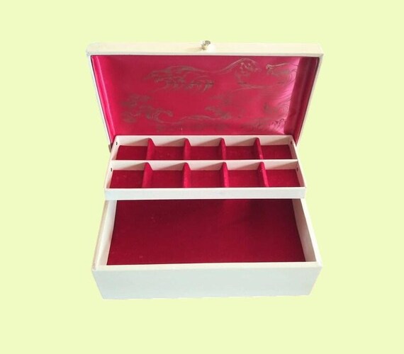 Large Vintage Jewelry Box Cream Diamond Starburst… - image 1