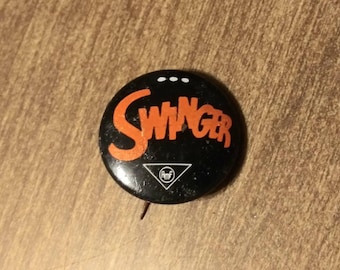 Vintage "Swinger" Pinback Button, Black & Orange Enamel, 1950s/60s Fashion