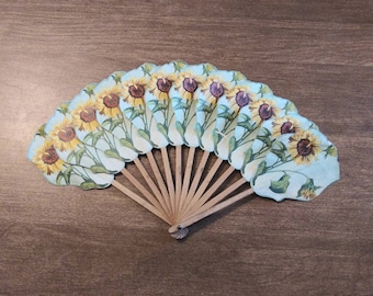 Antique French Hand Fan Paper Sunflower Wood Handle Chambrelent Paris Metrakos Candy & Fruit Ice Cream Parlor Montreal Vintage Advertising