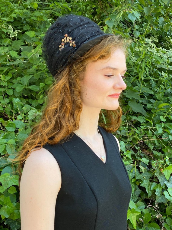Black Crochet Cloche Hat with Polka Dot Bow Crochet Cloche Hat With Black Knitted Bow , Crochet Bucket  main image 2