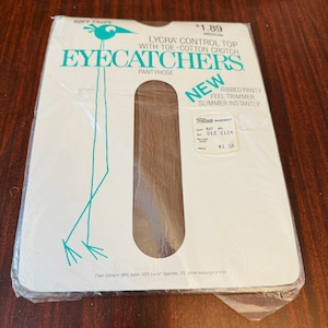 Vintage Pantyhose Taupe Control Top Slimming Size Medium Cotton Crotch Made in USA 1970s Nylons Ribbed Panty NOS Deadstock