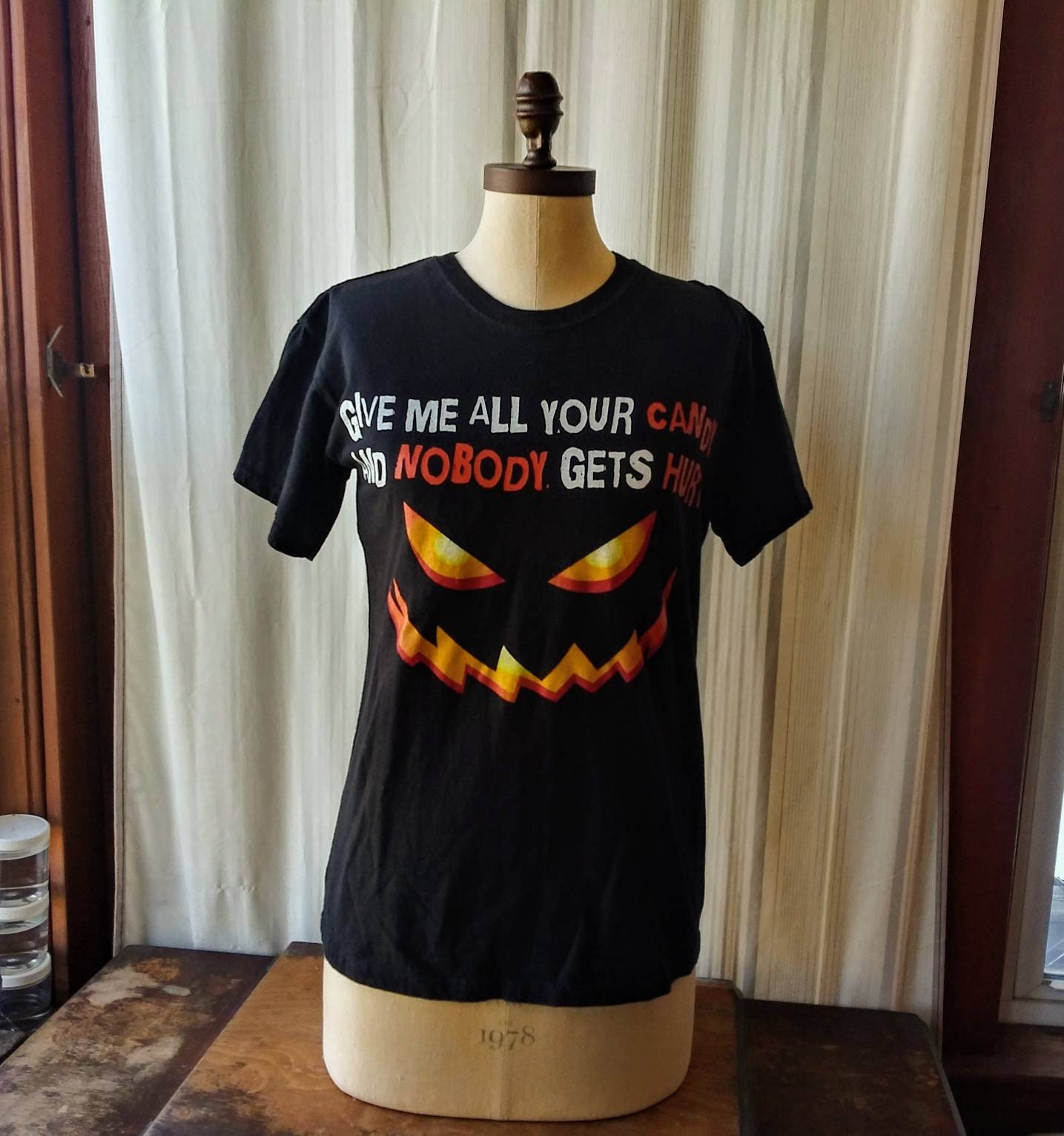 Discover Vintage Halloween T Shirt Evil Pumpkin Give Me All Your Candy Size Small Cotton 90's Fashion T Shirt Candy Corn Grin