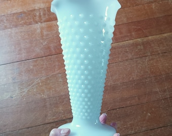 Vintage Vase Large White Hobnail Milk Glass Vase Fluted Ruffled Edge 50's 60's Mid Century Home Decor Housewarming Gift