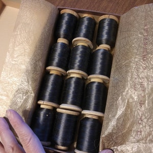 Vintage Advance Silk Thread Wood Spools in Original Box WWII Era USN Gray OR Olive Drab Spider Web Tissue Pure Silk 12 Spool Box 40&#39;s Sewing