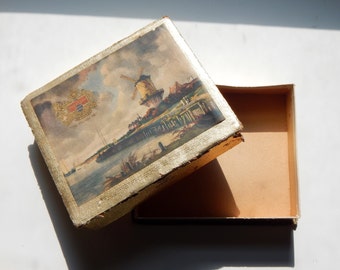 Vintage Candy Box Page & Shaw Metallic Gold Foil Paper Box Chocolates Windmill River Scene 30's 40's Ephemera Chocolatier Shabby Chic