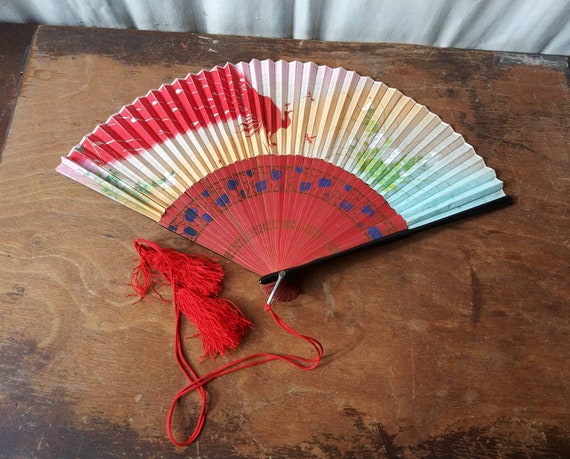 Vintage Hand Fan Bright Colorful Red Peacock Bird… - image 4